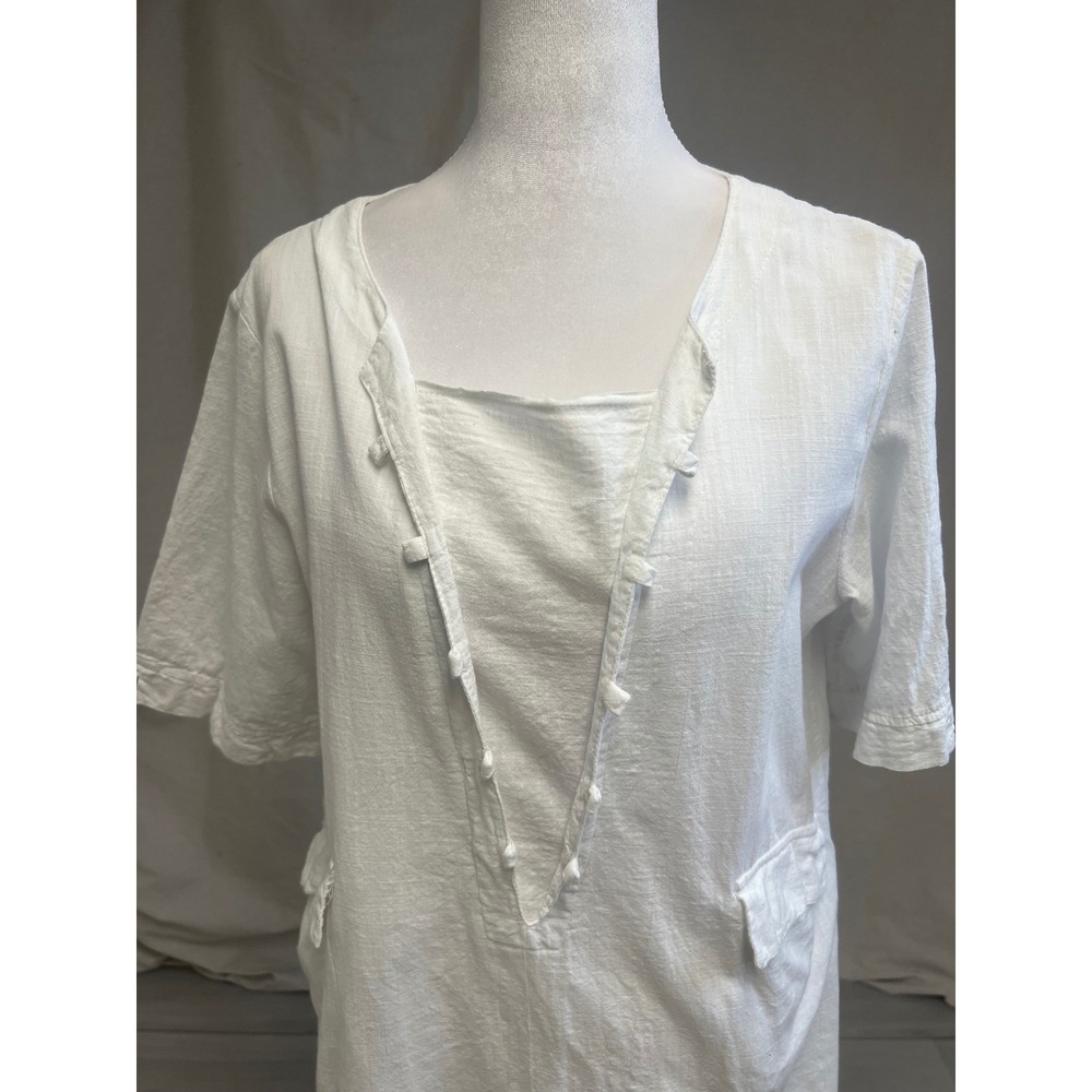 Yuzao Tunic Top Womens Sz XL White Cotton Frog Button V-Neck Pockets Boho Zen